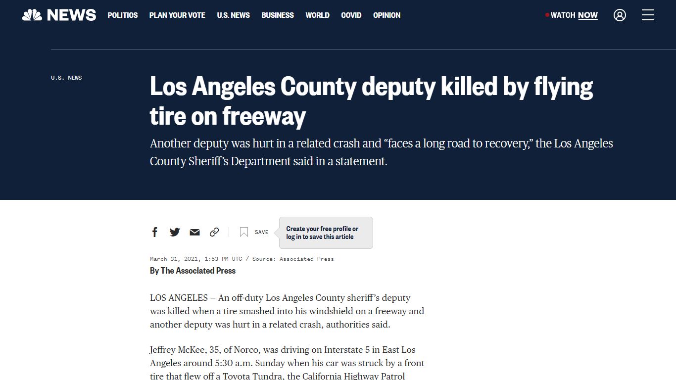 Los Angeles County deputy killed by flying tire on freeway - NBC News